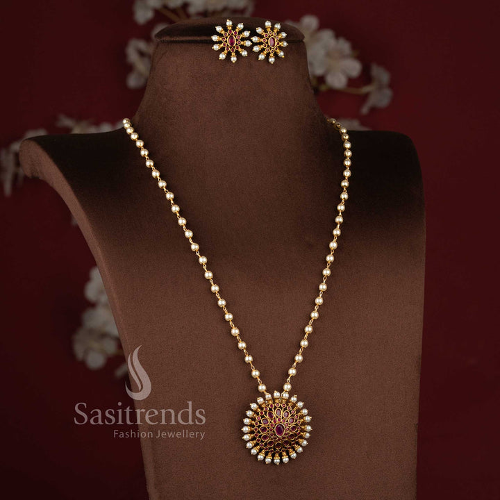 Temple Matte Gold Plated Pearl Necklace Jewellery Set featuring Ruby Floral Pendant with traditional pearl layering and festive elegance - Sasitrends