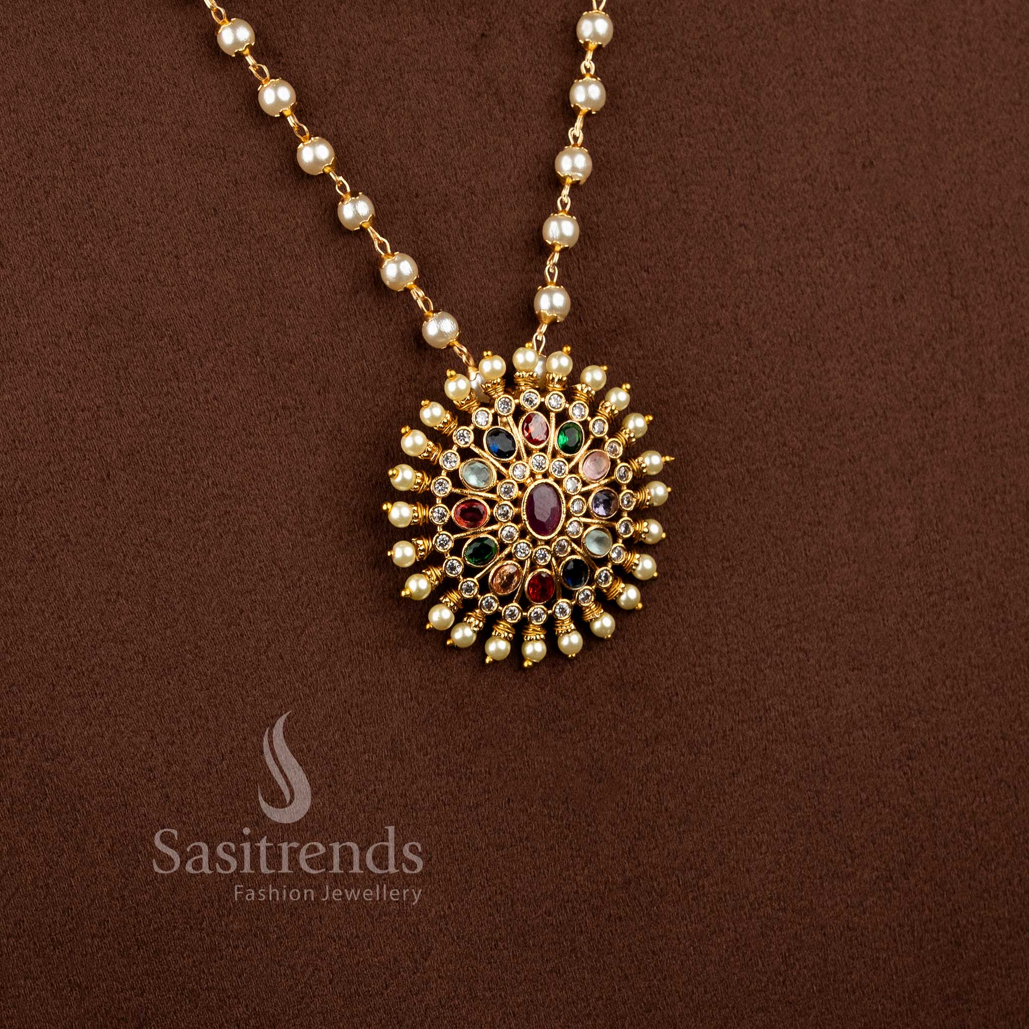 Elegant Temple Jewellery Pearl Necklace Set showcasing Navrathna Floral Pendant with matte gold plated finish - Sasitrends