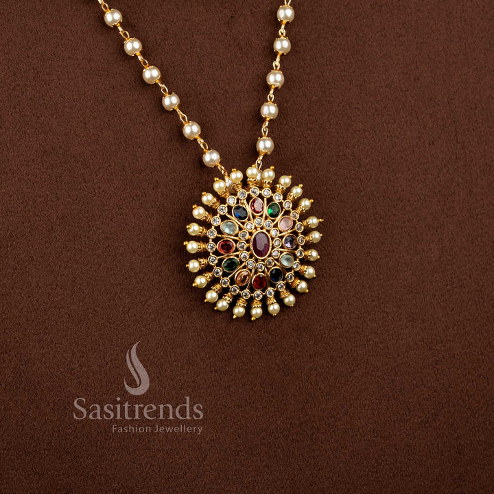Elegant Temple Jewellery Pearl Necklace Set showcasing Navrathna Floral Pendant with matte gold plated finish - Sasitrends