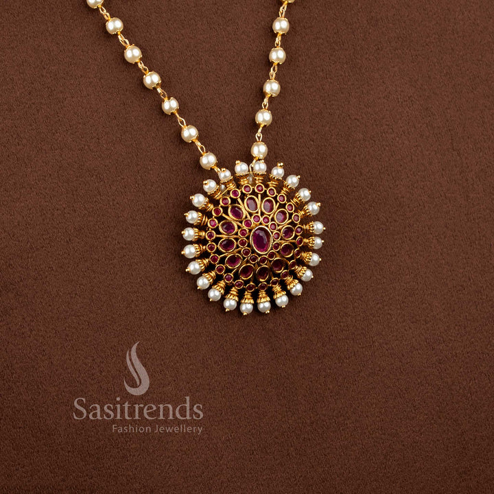 Traditional Temple Matte Gold Plated Pearl Necklace Set with Ruby Floral Pendant for festive and bridal wear - Sasitrends