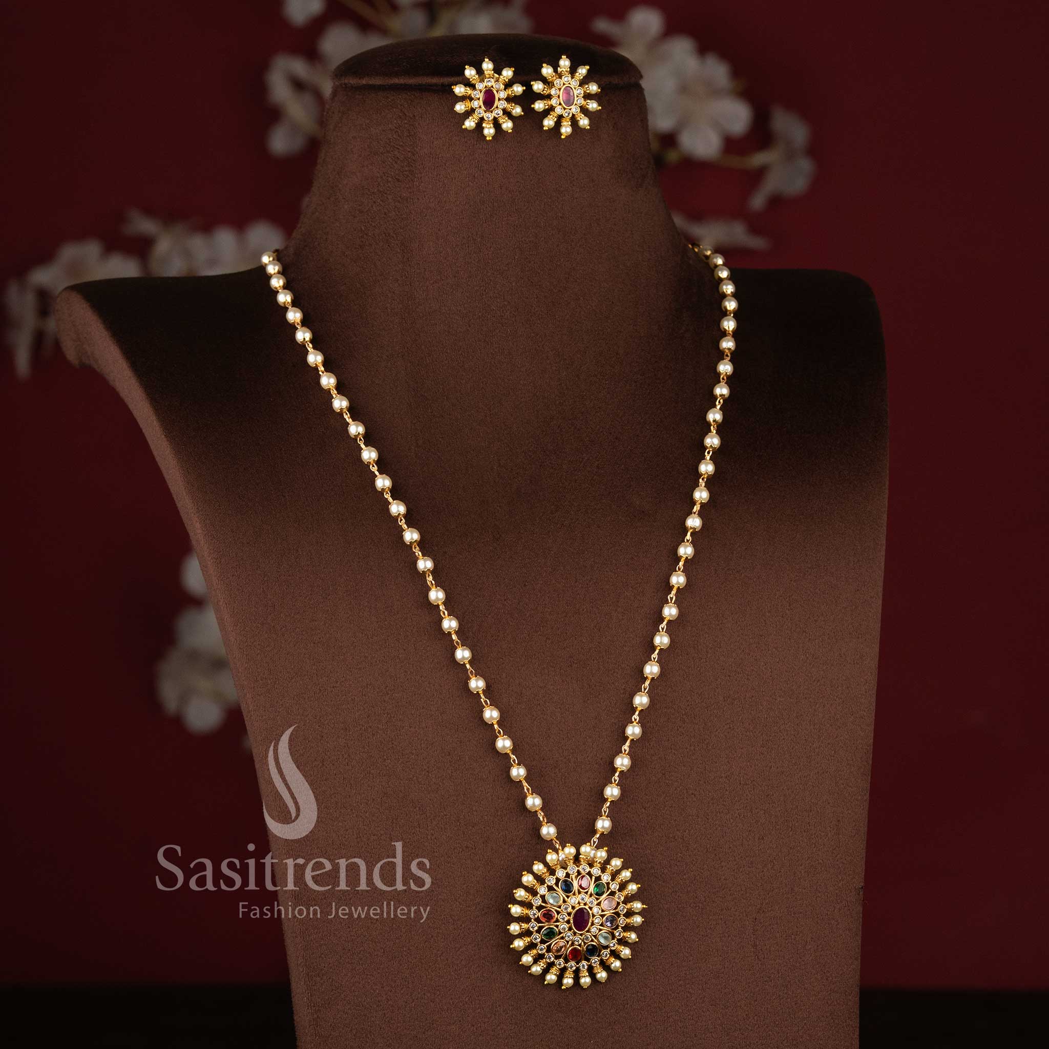 Temple Matte Gold Plated Pearl Necklace Jewellery Set featuring Navrathna Floral Pendant with traditional pearl layering and festive elegance - Sasitrends
