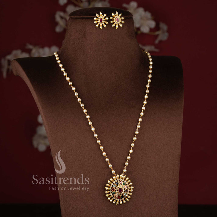 Temple Matte Gold Plated Pearl Necklace Jewellery Set featuring Navrathna Floral Pendant with traditional pearl layering and festive elegance - Sasitrends