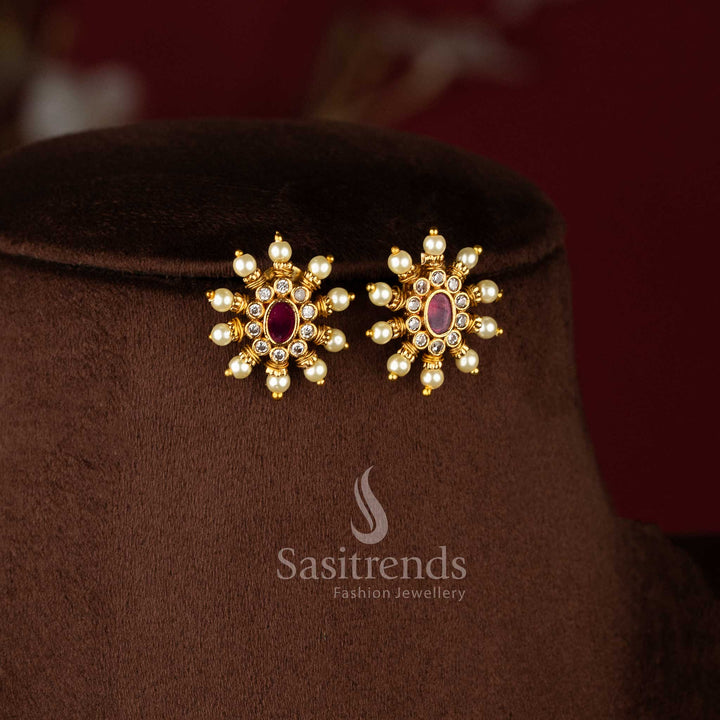 Temple Matte Gold Plated Pearl Necklace Jewellery Set featuring Navrathna Floral Pendant with traditional pearl layering and festive elegance - Sasitrends