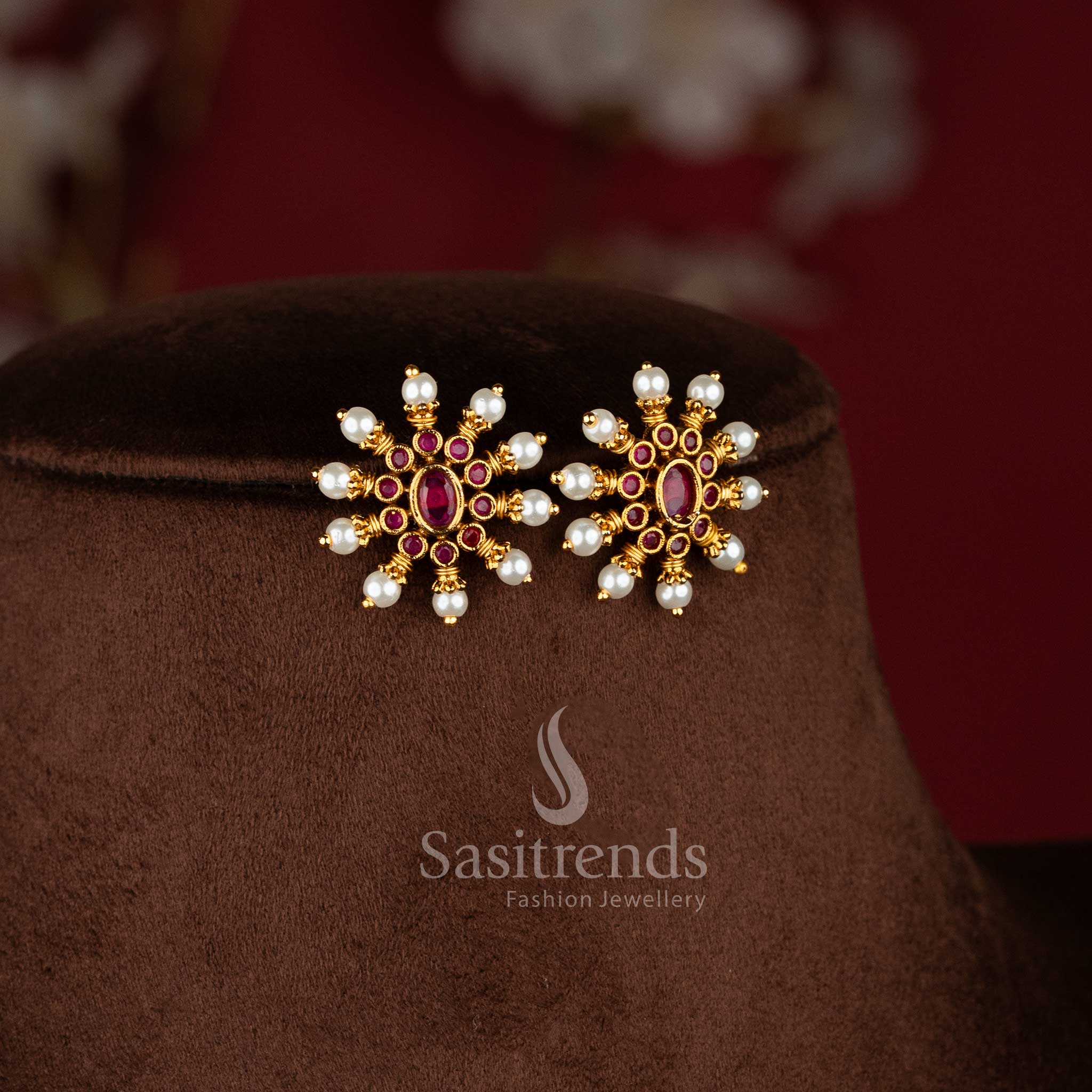 Elegant Temple Jewellery Pearl Necklace Set showcasing Ruby Floral Pendant with matte gold plated finish - Sasitrends