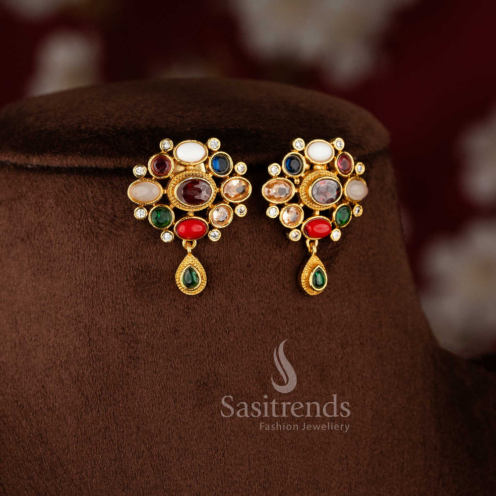 Temple Gold Plated Pearl Necklace Set with Navrathna Pendant and Earrings - Traditional Wear - Sasitrends