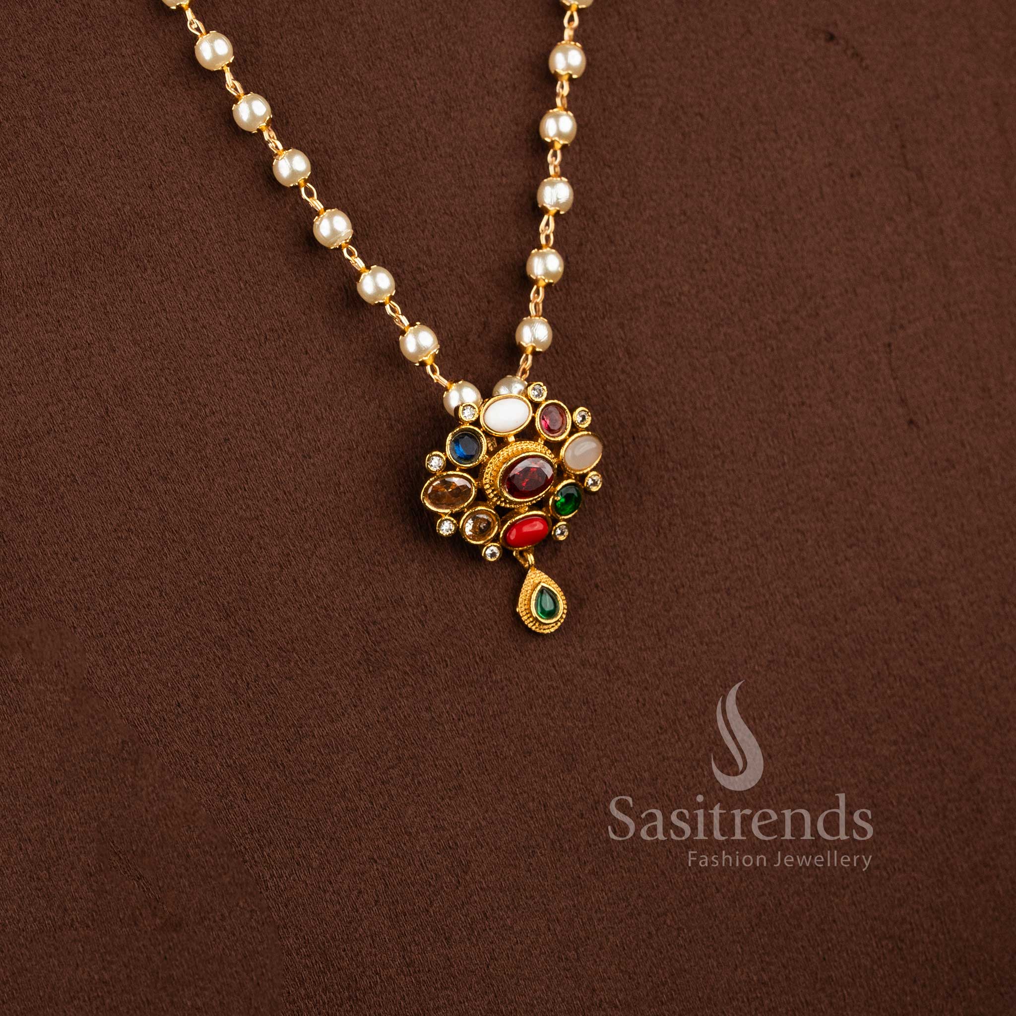 Trendy Temple Gold Plated Pearl Necklace Set with Navrathna Pendant and Earrings - Traditional Wear - Sasitrends