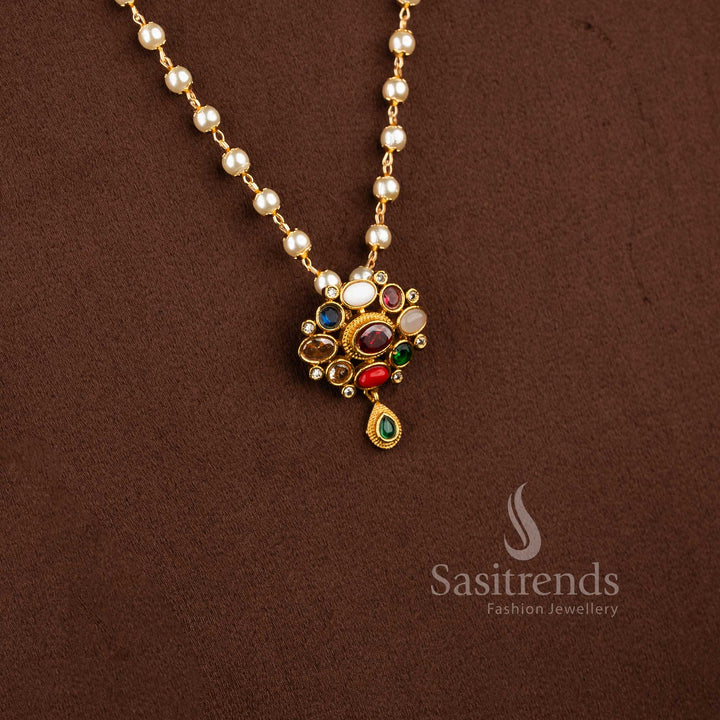 Trendy Temple Gold Plated Pearl Necklace Set with Navrathna Pendant and Earrings - Traditional Wear - Sasitrends