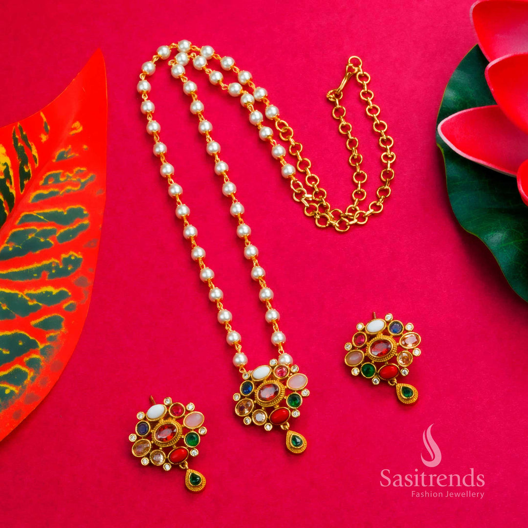Trendy Temple Gold Plated Pearl Necklace Set with Navrathna Pendant and Earrings - Traditional Wear - Sasitrends