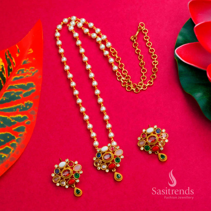 Trendy Temple Matte Gold Plated Pearl Jewellery Set with Navrathna Pendant - Latest Collection