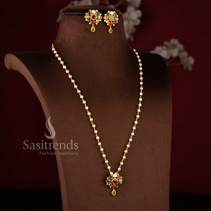 Trendy Temple Matte Gold Plated Pearl Necklace Jewellery Set with Navrathna Pendant - Latest Collection