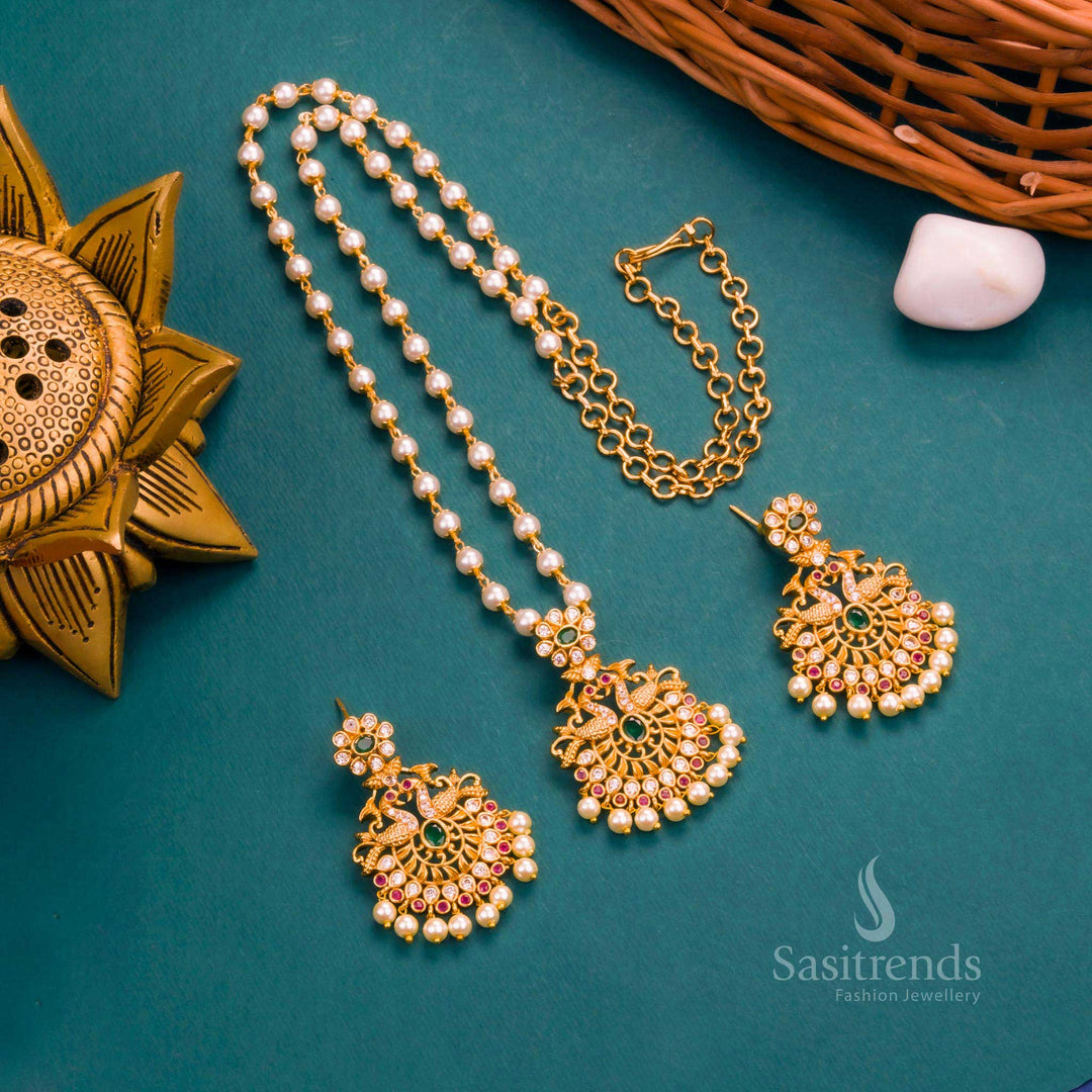 Colourful Temple Peacock Matte Gold Plated Jewellery Set With Pearl Hangings And Multi Stone Elegance – A Mesmerising Fusion Of Ethnic Grace And Artistic Vividness With Divine Peacock Imagery – Sasitrends
