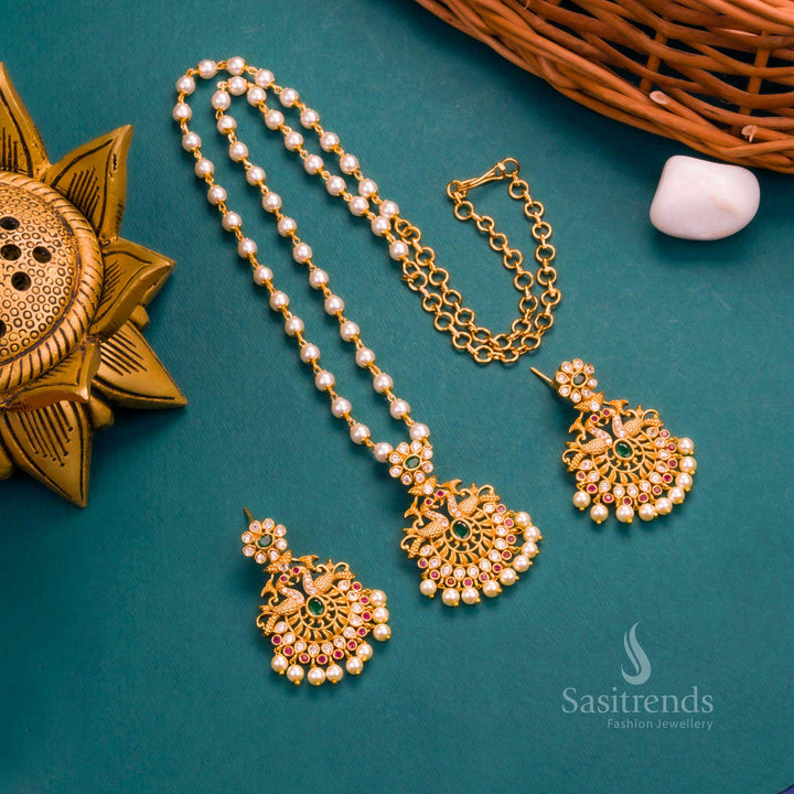 Trendy Temple Matte Gold Plated Peacock Pendant Pearl Jewellery Set with AD Stones | Sasitrends