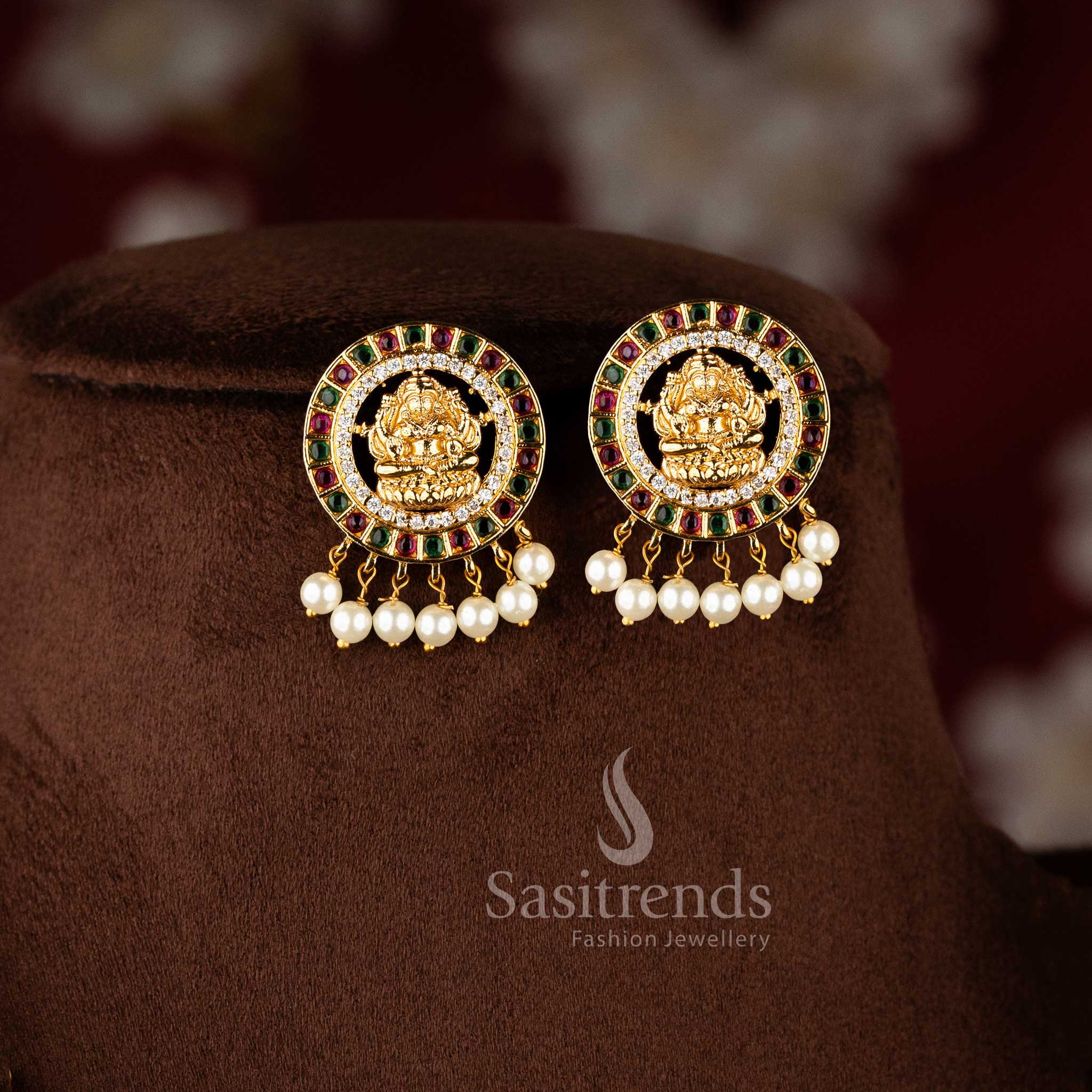 Traditional Lakshmi Pendant Pearl Necklace Set, Matte Gold Plated with AD Stones, Adjustable Chain, Elegant Hanging Pearl Drops - Sasitrends