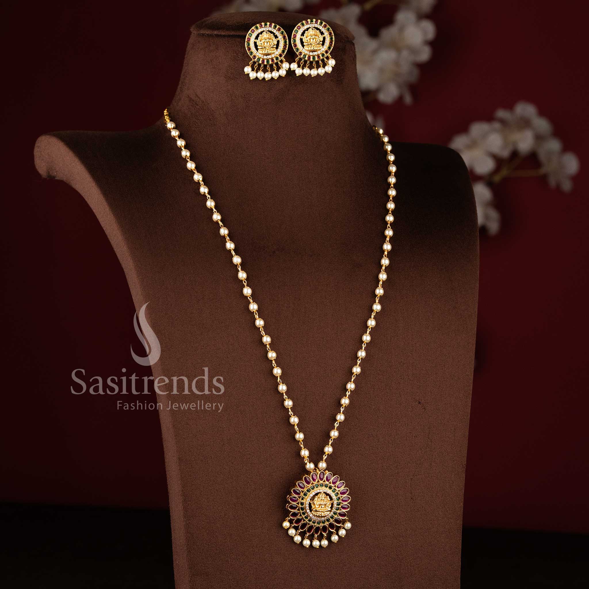Traditional Lakshmi Pendant Pearl Necklace Set, Matte Gold Plated with AD Stones, Adjustable Chain, Elegant Hanging Pearl Drops - Sasitrends