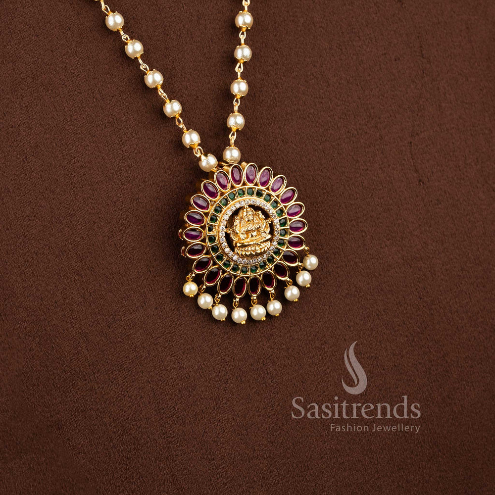Traditional Lakshmi Pendant Pearl Necklace Set, Matte Gold Plated with AD Stones, Adjustable Chain, Elegant Hanging Pearl Drops - Sasitrends