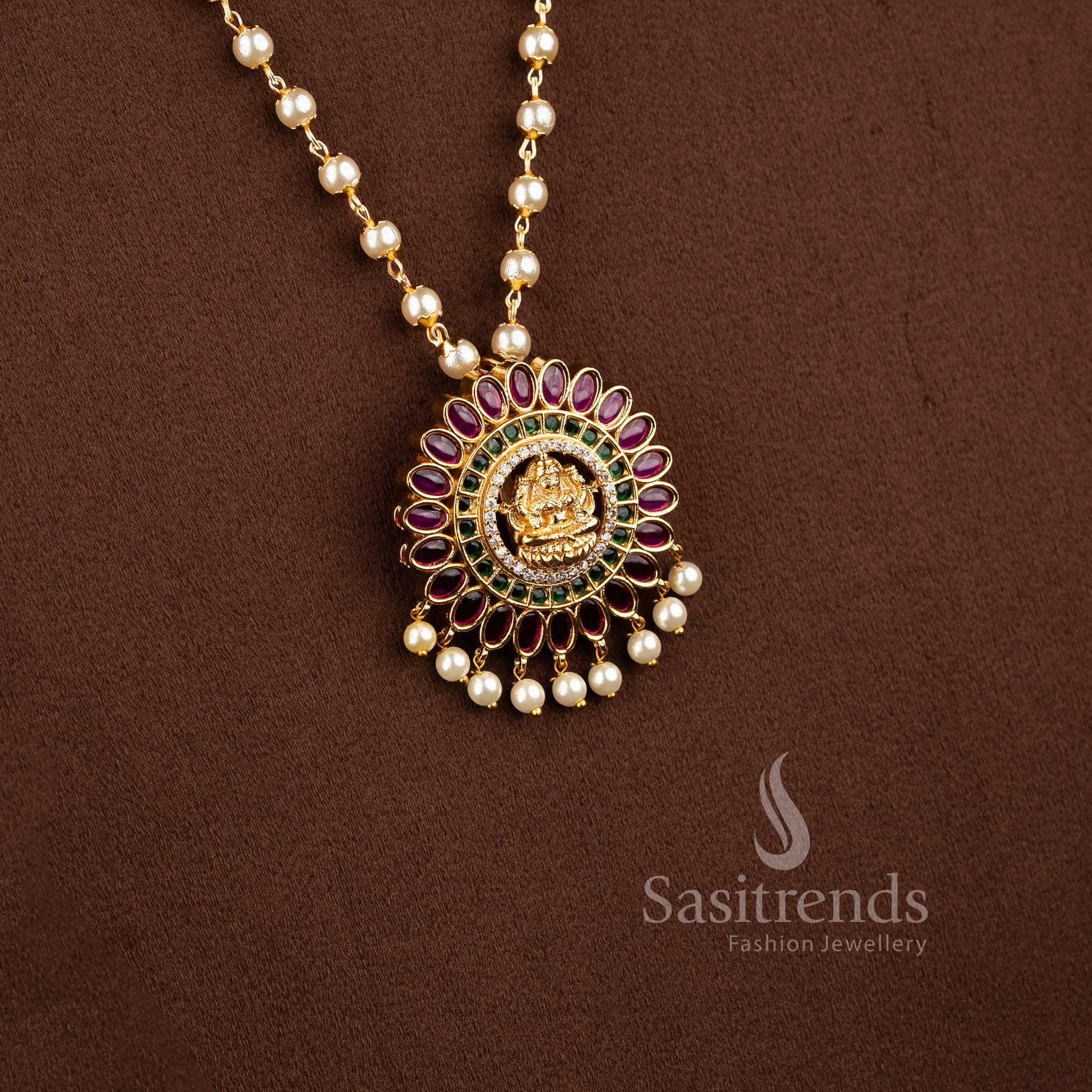 Traditional Lakshmi Pendant Pearl Necklace Set, Matte Gold Plated with AD Stones, Adjustable Chain, Elegant Hanging Pearl Drops - Sasitrends