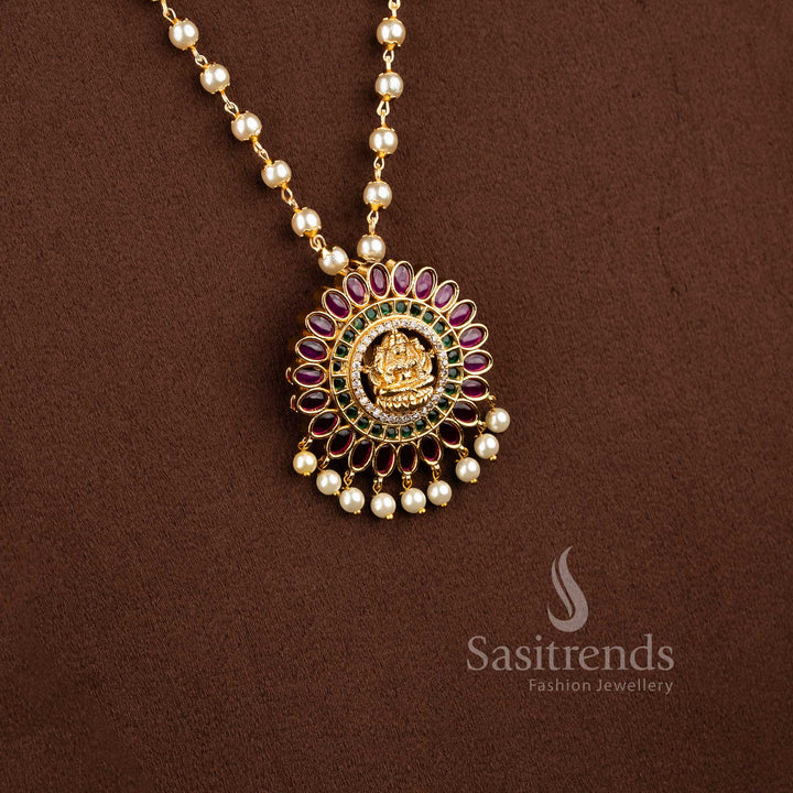 Traditional Lakshmi Pendant Pearl Necklace Set, Matte Gold Plated with AD Stones, Adjustable Chain, Elegant Hanging Pearl Drops - Sasitrends