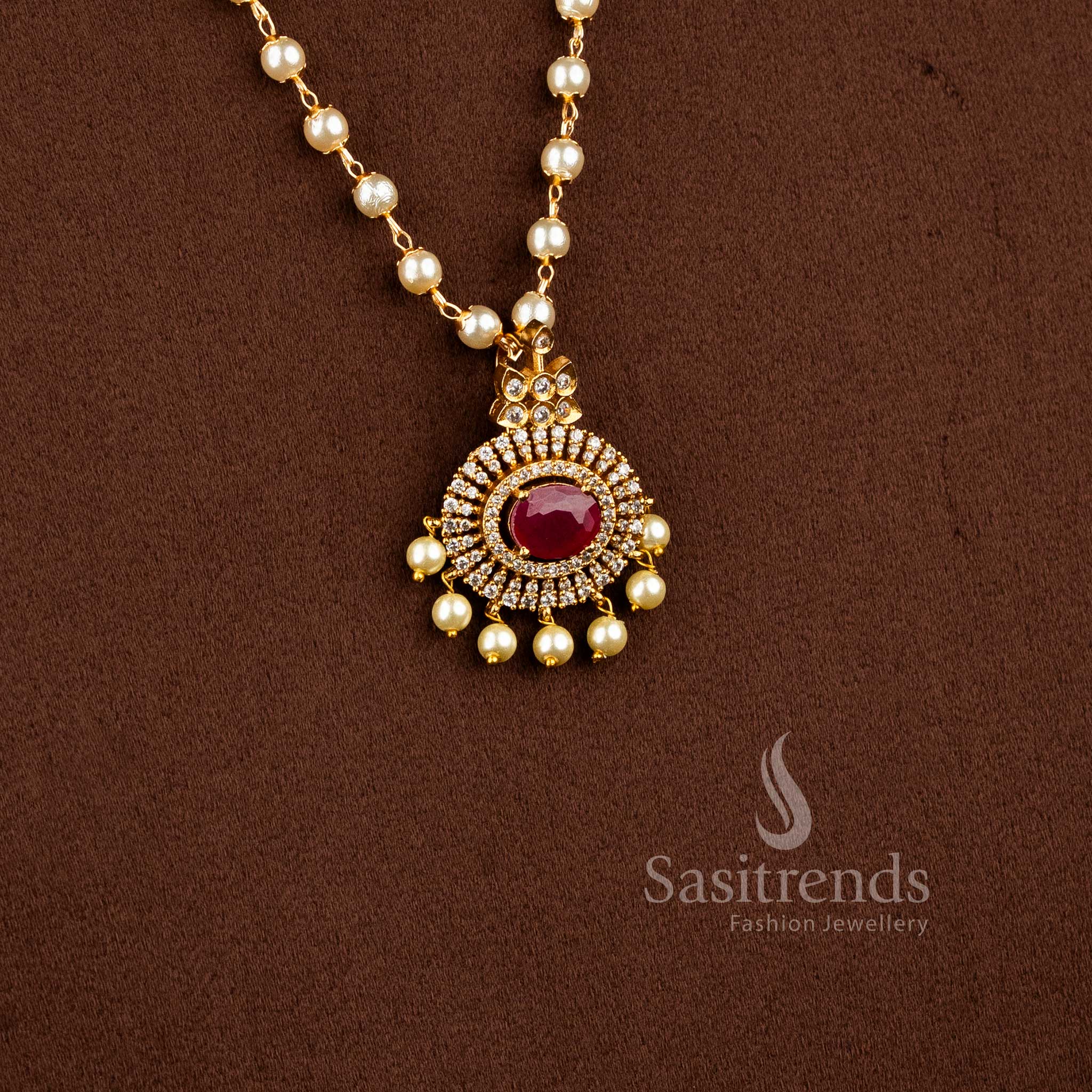 Elegant Matte Gold Plated Pendant Pearl Necklace Set with Ruby Stones and Hanging Pearls - Latest Collection - Sasitrends
