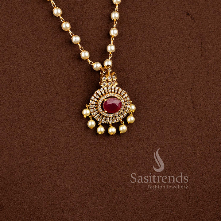 Elegant Matte Gold Plated Pendant Pearl Necklace Set with Ruby Stones and Hanging Pearls - Latest Collection - Sasitrends