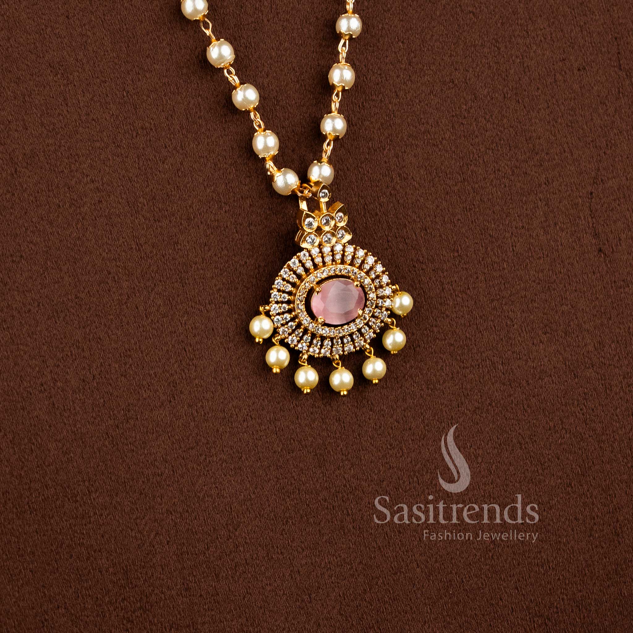 Elegant Matte Gold Plated Pendant Pearl Necklace Set with Pink Stones and Hanging Pearls - Latest Collection - Sasitrends
