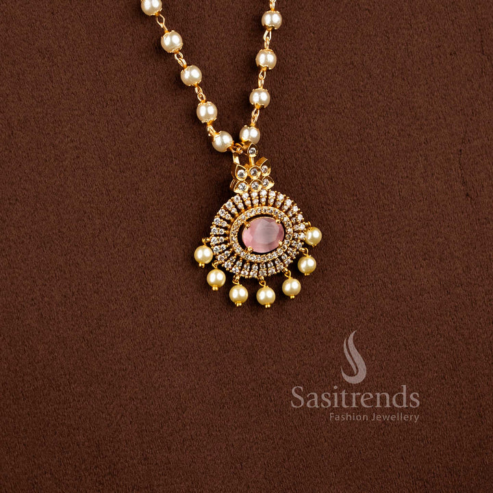 Elegant Matte Gold Plated Pendant Pearl Necklace Set with Pink Stones and Hanging Pearls - Latest Collection - Sasitrends