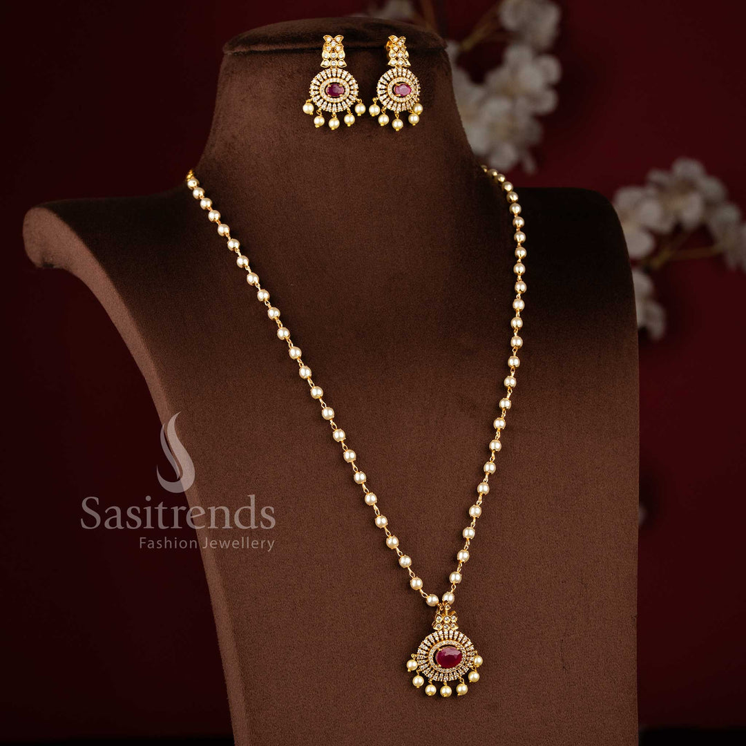 Matte Gold Plated Pendant Pearl Necklace Set with Ruby Stones and Hanging Pearls - Latest Collection - Sasitrends