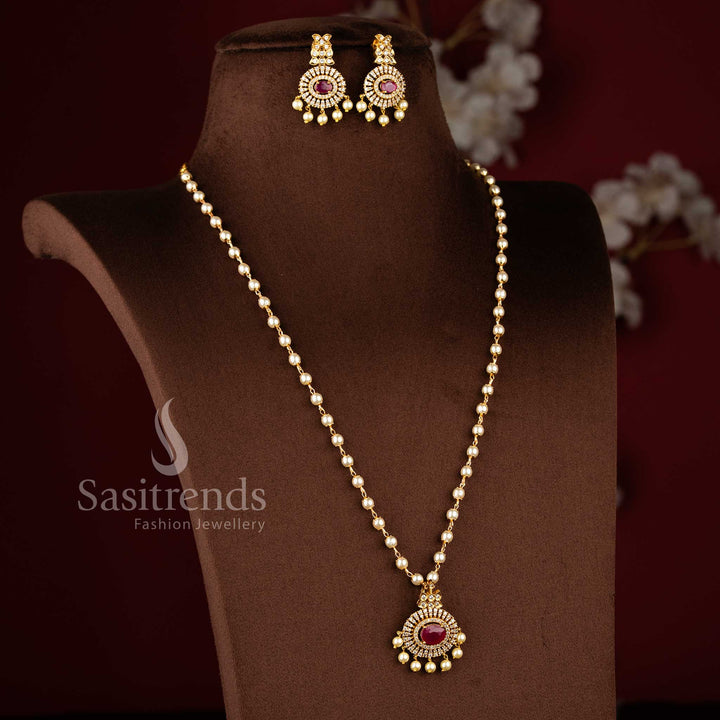 Matte Gold Plated Pendant Pearl Necklace Set with Ruby Stones and Hanging Pearls - Latest Collection - Sasitrends