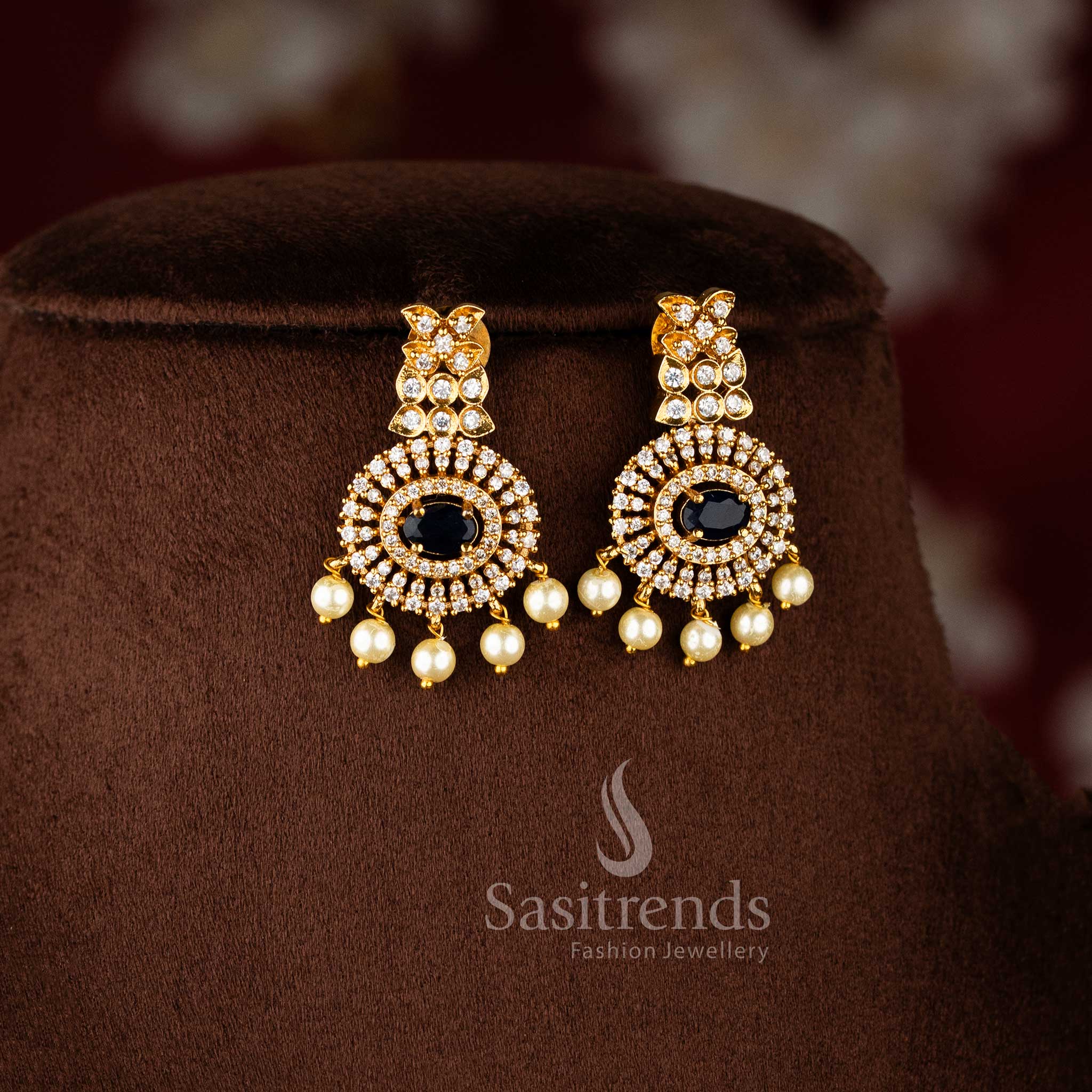 Matte Gold Plated Pendant Pearl Necklace Set with Blue Stones and Hanging Pearls - Latest Collection - Sasitrends