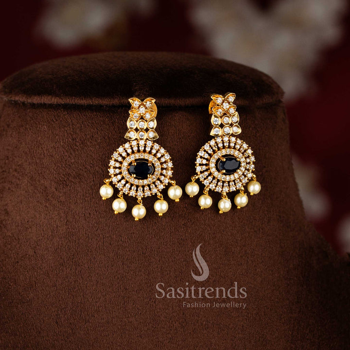 Matte Gold Plated Pendant Pearl Necklace Set with Blue Stones and Hanging Pearls - Latest Collection - Sasitrends