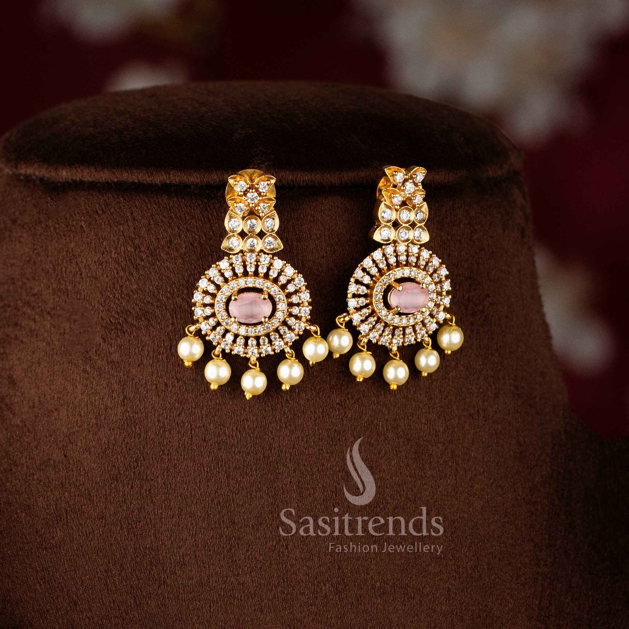 Matte Gold Plated Pendant Pearl Necklace Set with Pink Stones and Hanging Pearls - Latest Collection - Sasitrends