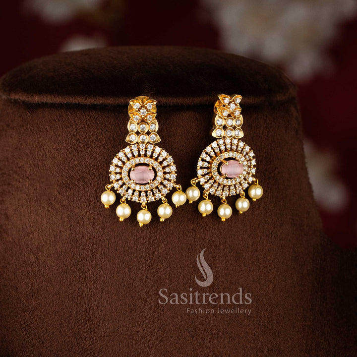 Matte Gold Plated Pendant Pearl Necklace Set with Pink Stones and Hanging Pearls - Latest Collection - Sasitrends