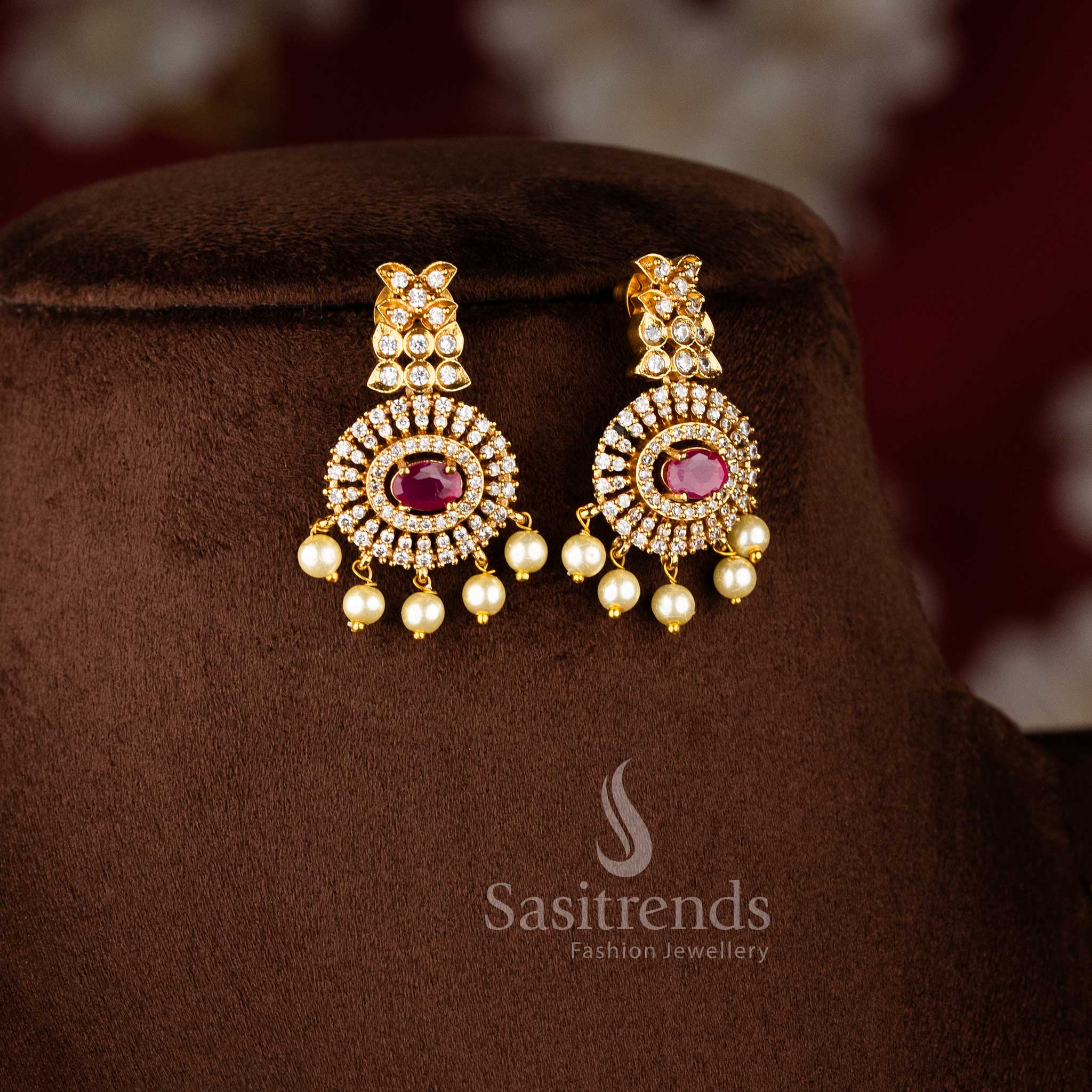 Matte Gold Plated Pendant Pearl Necklace Set with Ruby Stones and Hanging Pearls - Latest Collection - Sasitrends