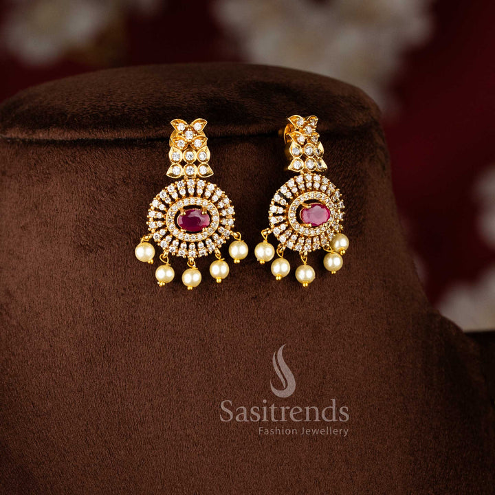Matte Gold Plated Pendant Pearl Necklace Set with Ruby Stones and Hanging Pearls - Latest Collection - Sasitrends