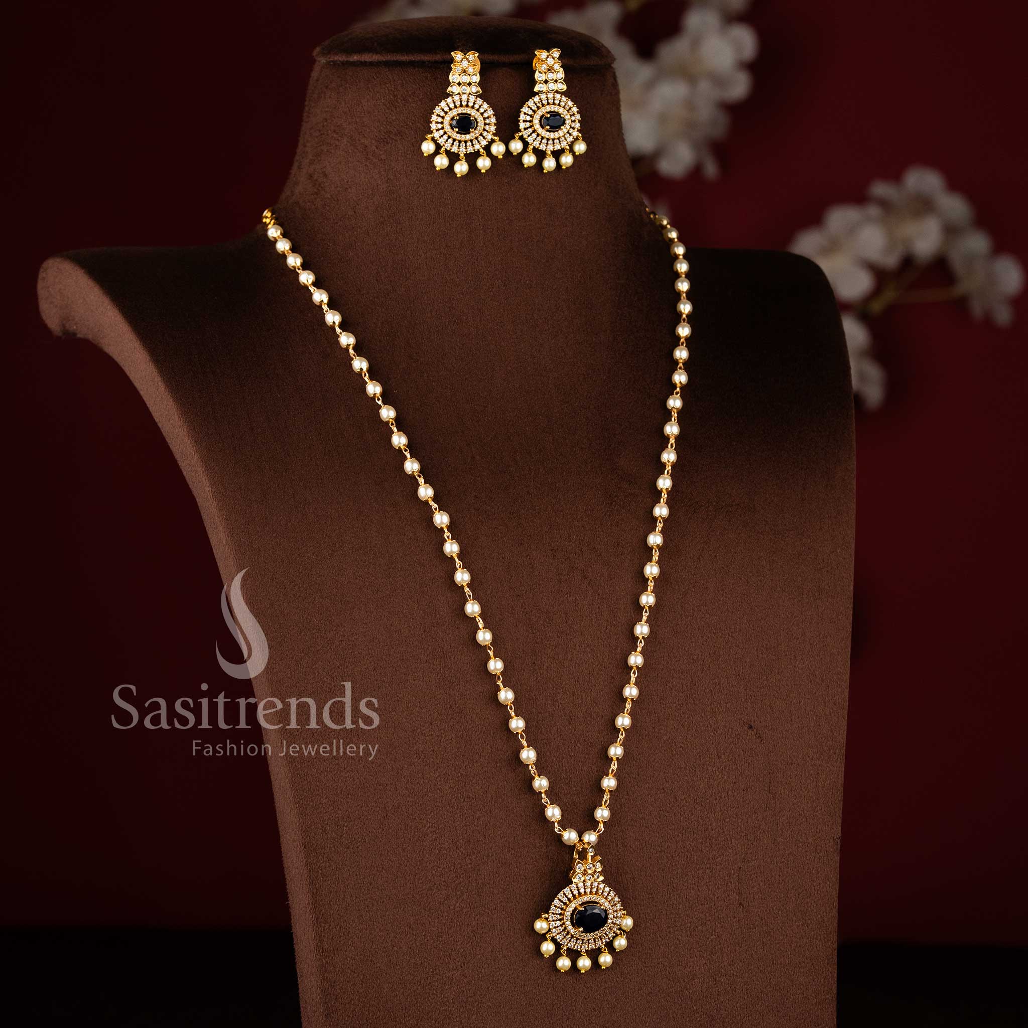 Matte Gold Plated Pendant Pearl Necklace Set with Blue Stones and Hanging Pearls - Latest Collection - Sasitrends