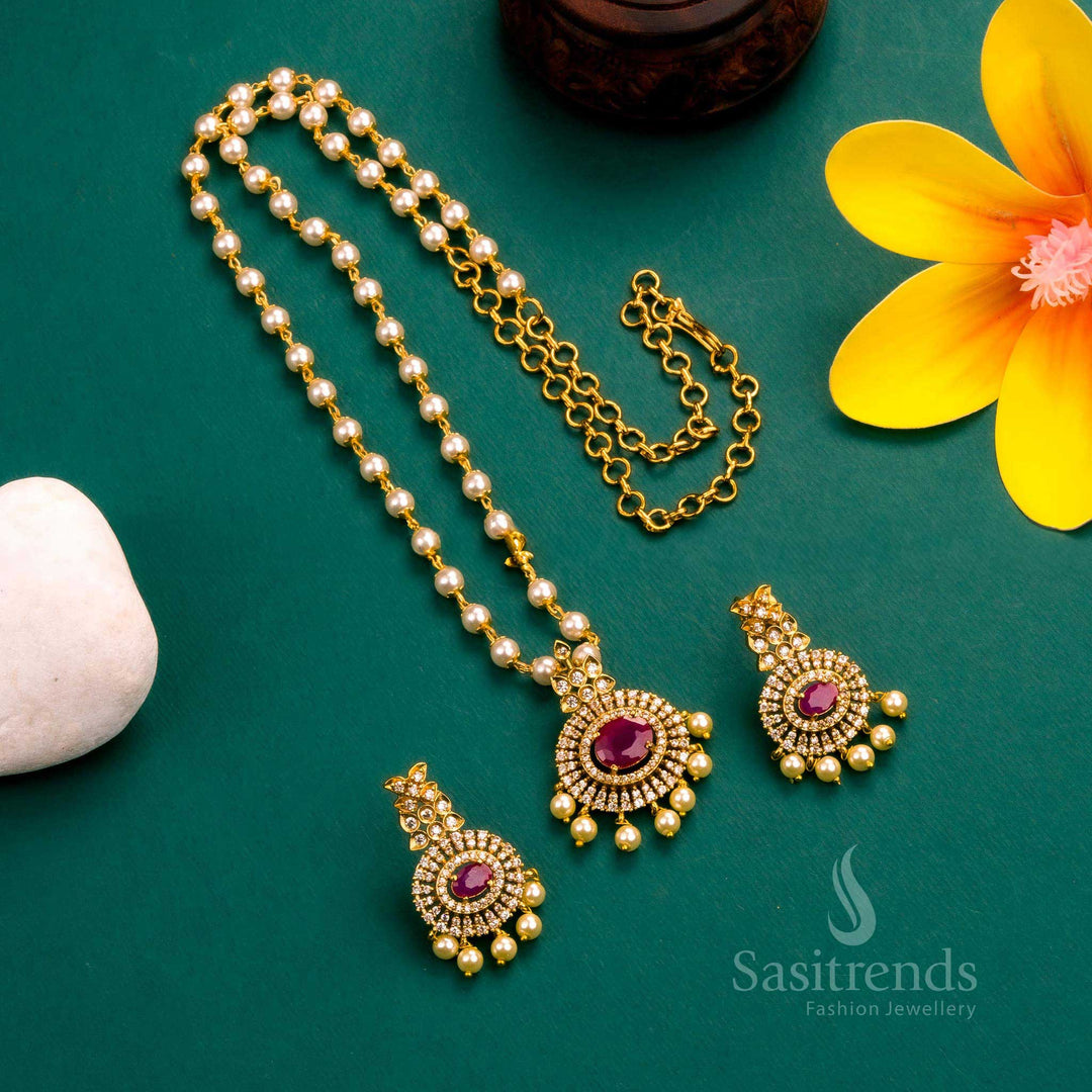 New Traditional Wear: Temple Matte Gold Plated Pendant Pearl Jewellery Set  and AD Stones
