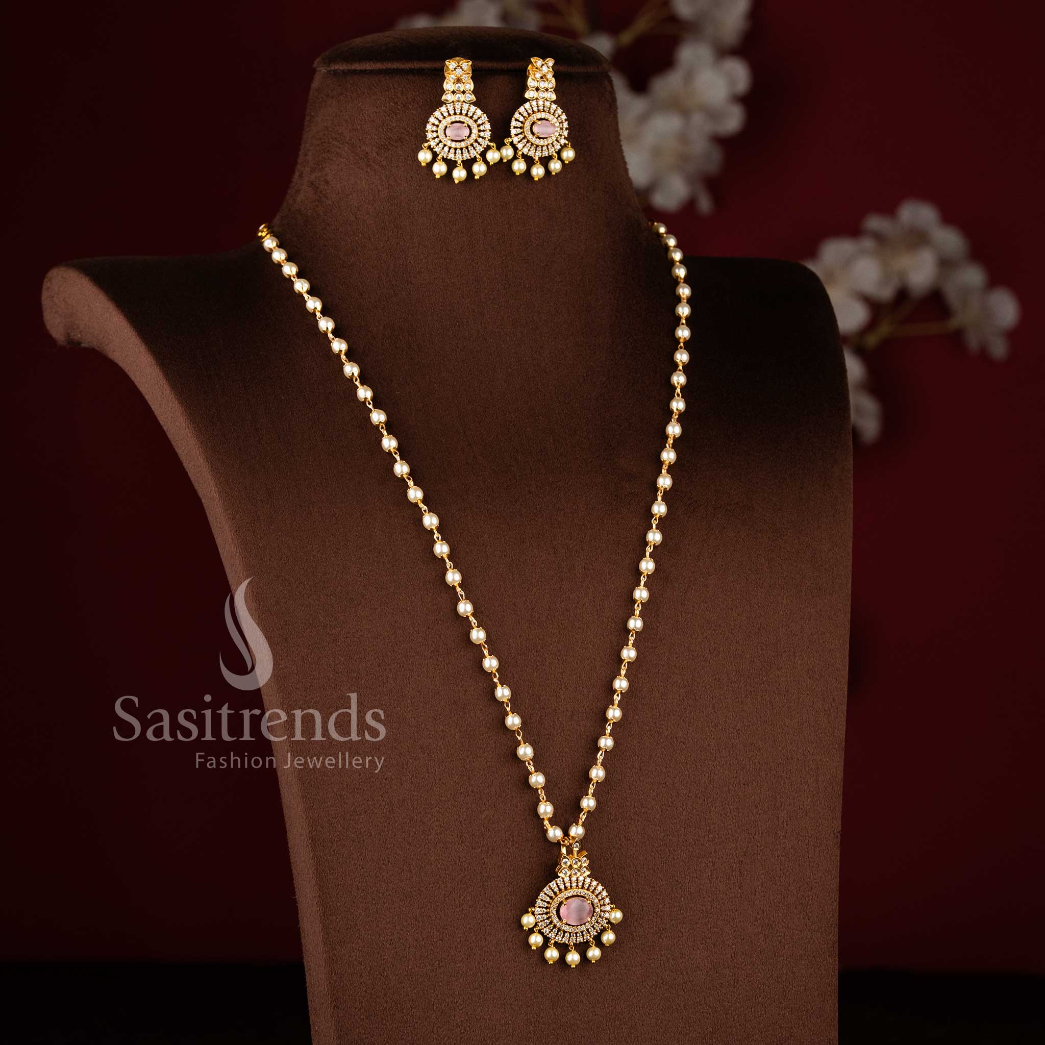 Matte Gold Plated Pendant Pearl Necklace Set with Pink Stones and Hanging Pearls - Latest Collection - Sasitrends
