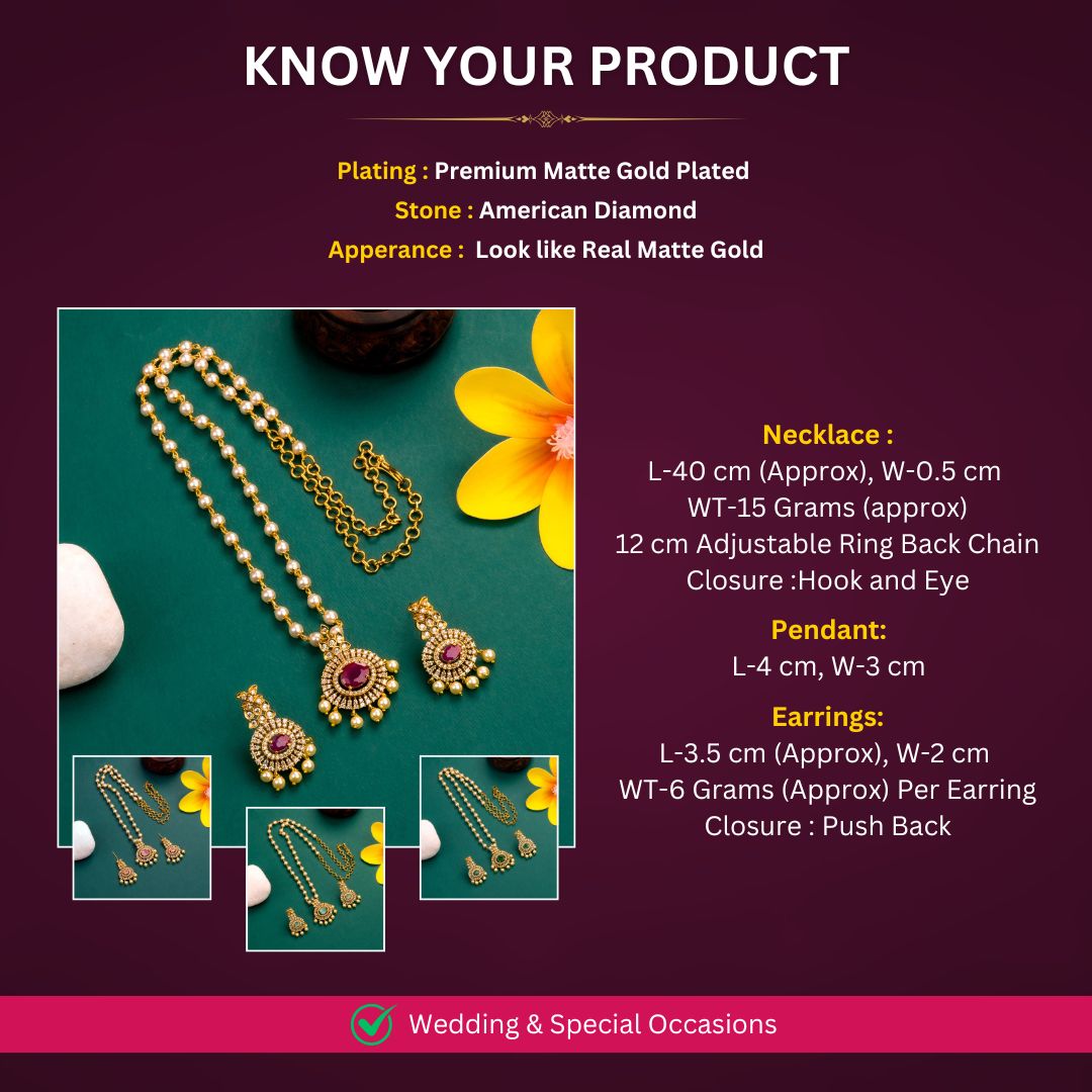 Matte Gold Plated AD Necklace jewellery Set Measurement Image - Sasitrends