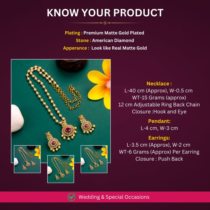Matte Gold Plated AD Necklace jewellery Set Measurement Image - Sasitrends