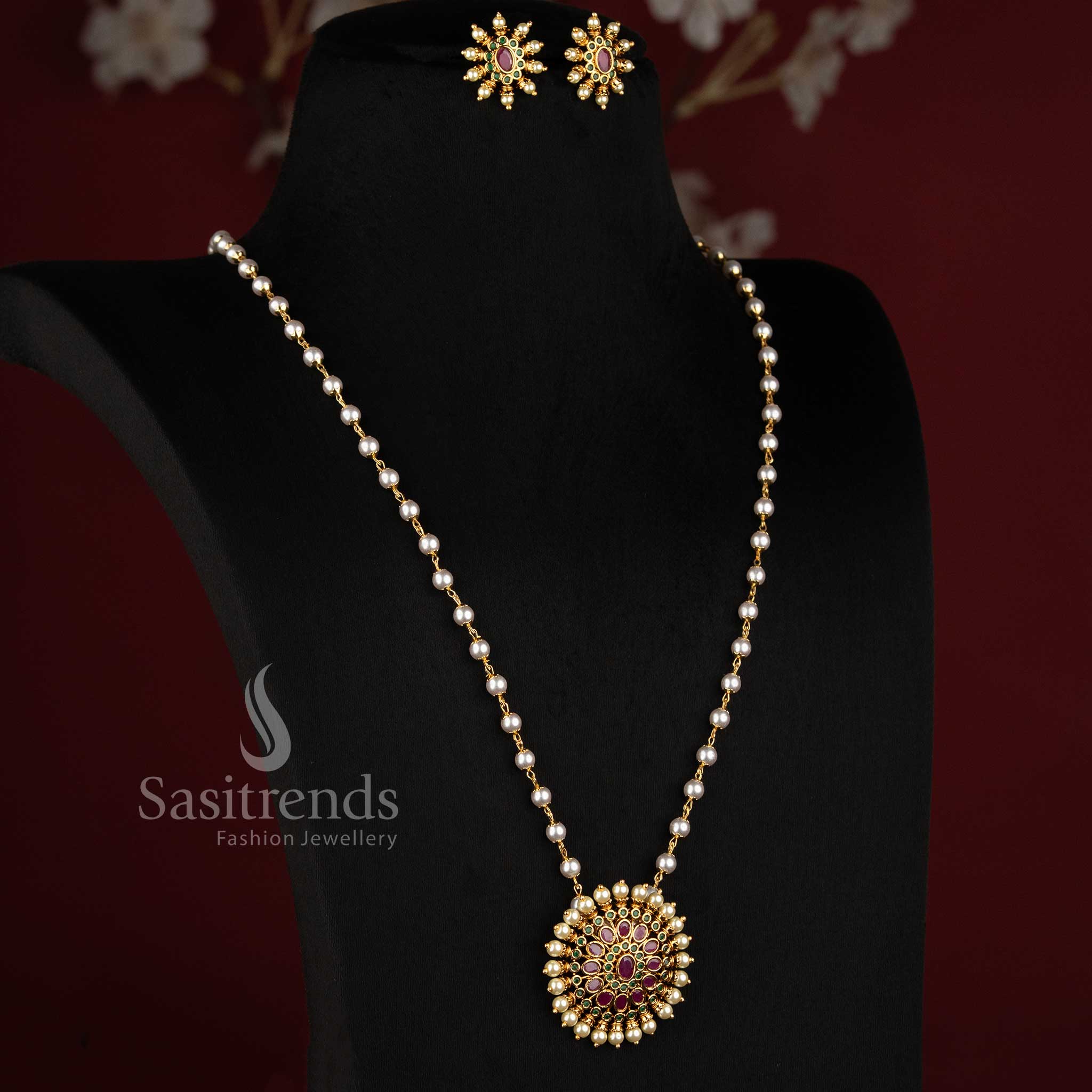 Traditional Matte Gold Plated Floral Temple Long Necklace with Matching Earrings - Sasitrends
