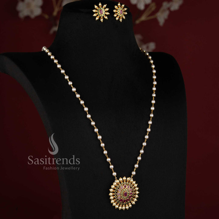 Traditional Matte Gold Plated Floral Temple Long Necklace with Matching Earrings - Sasitrends
