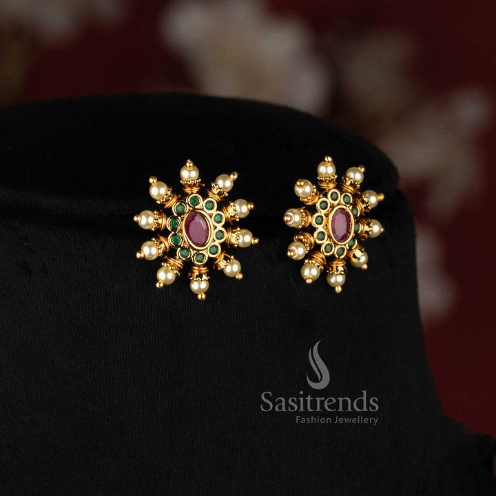 Traditional Matte Gold Plated Floral Temple Long Necklace with Matching Earrings - Sasitrends