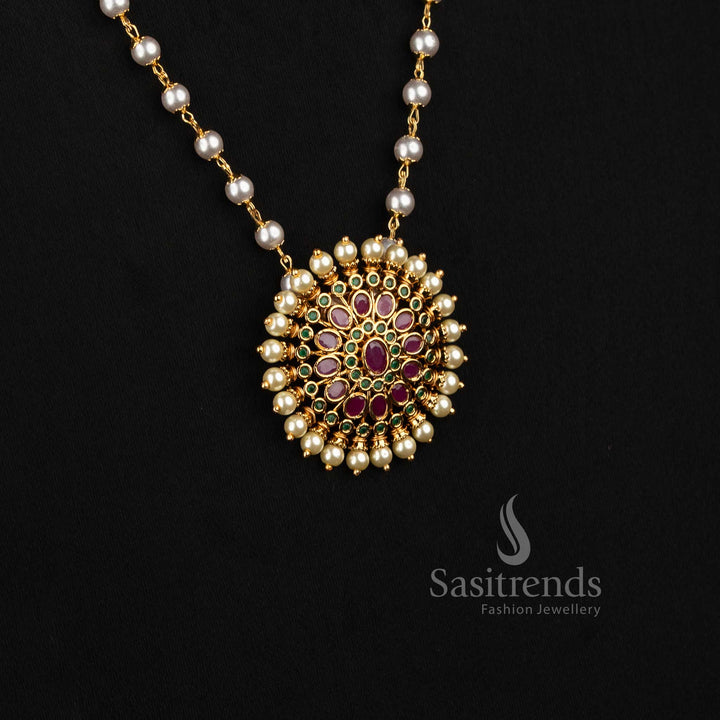 Traditional Matte Gold Plated Floral Temple Long Necklace with Matching Earrings - Sasitrends