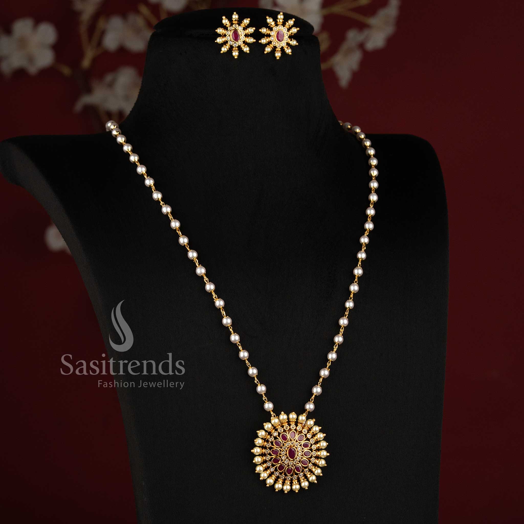 Traditional Matte Gold Plated Floral Long Necklace Set for Women - Sasitrends