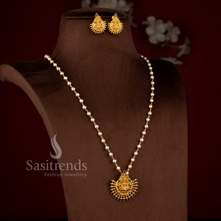 Temple Matte Gold Plated Lakshmi Pearl Beaded Necklace Jewellery Set for Festive Wear - Sasitrends