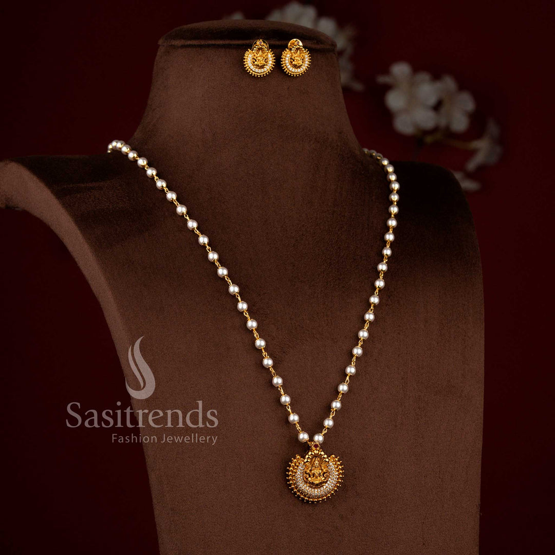 Temple Matte Gold Plated Lakshmi AD Pearl Beaded Pendant Necklace Jewellery Set - Sasitrends