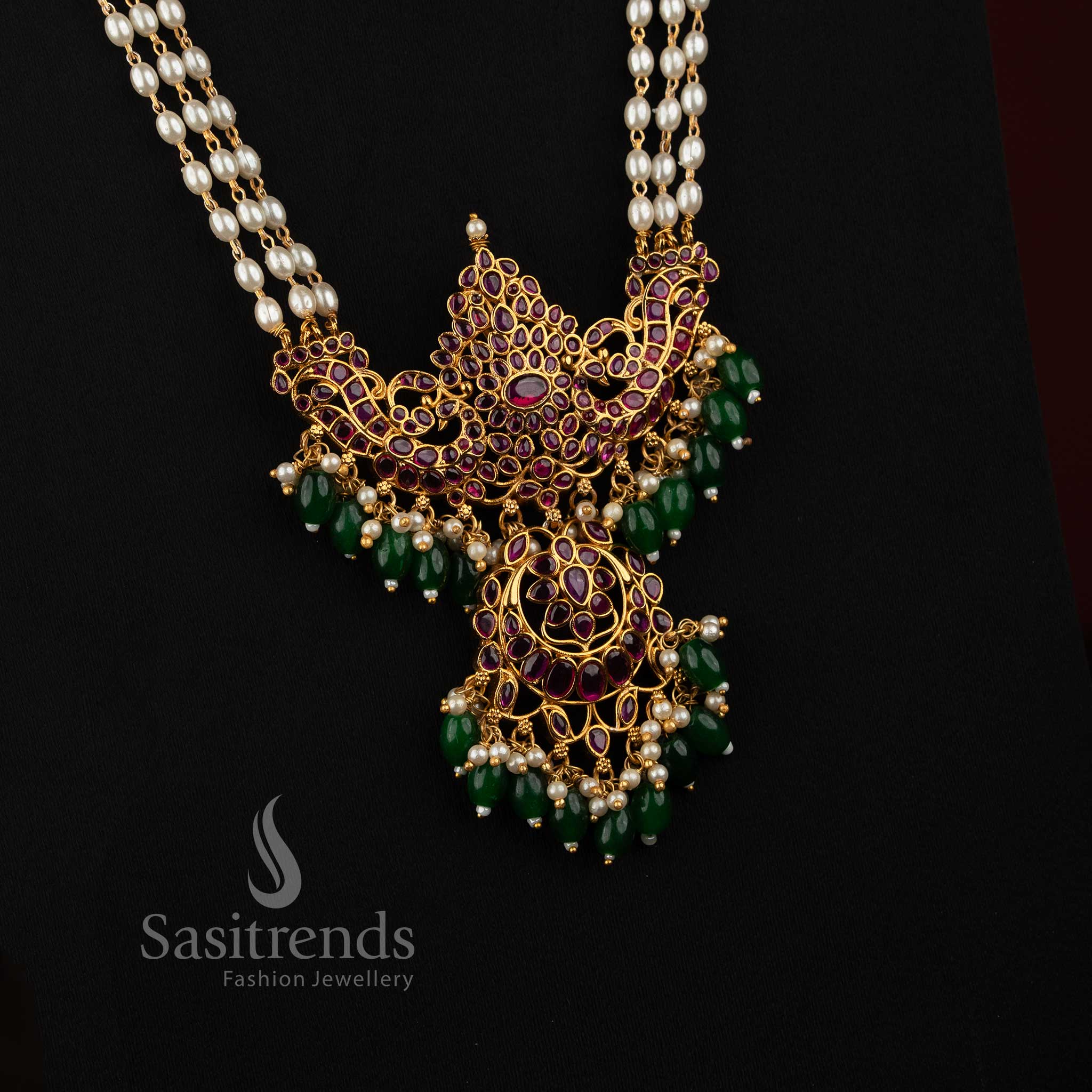 Elegant Three-Layer Pearl Necklace Set with Peacock-Inspired Pendant for Temple Functions and Festive Celebrations - Sasitrends