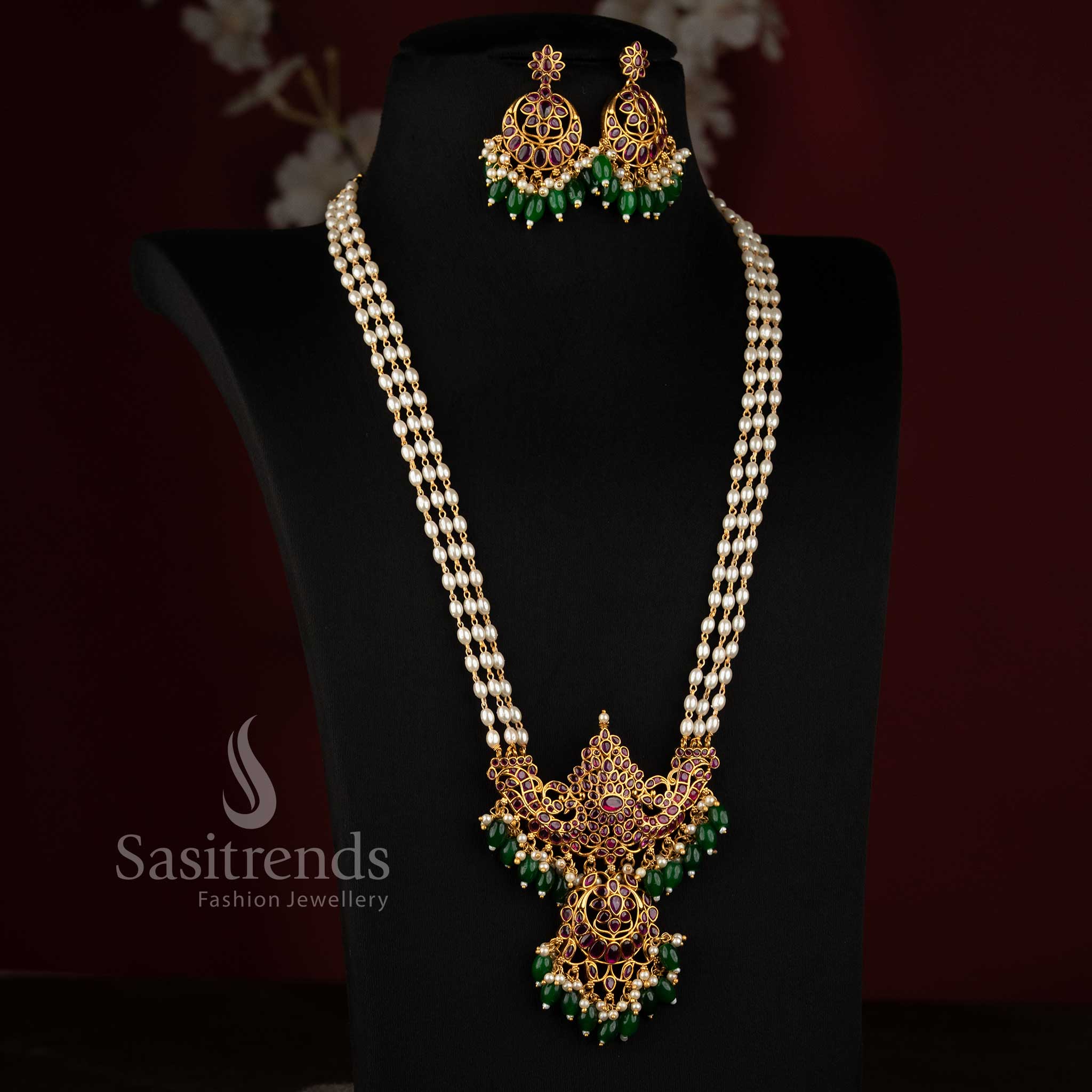 Elegant Three-Layer Pearl Necklace Set with Peacock-Inspired Pendant for Temple Functions and Festive Celebrations - Sasitrends