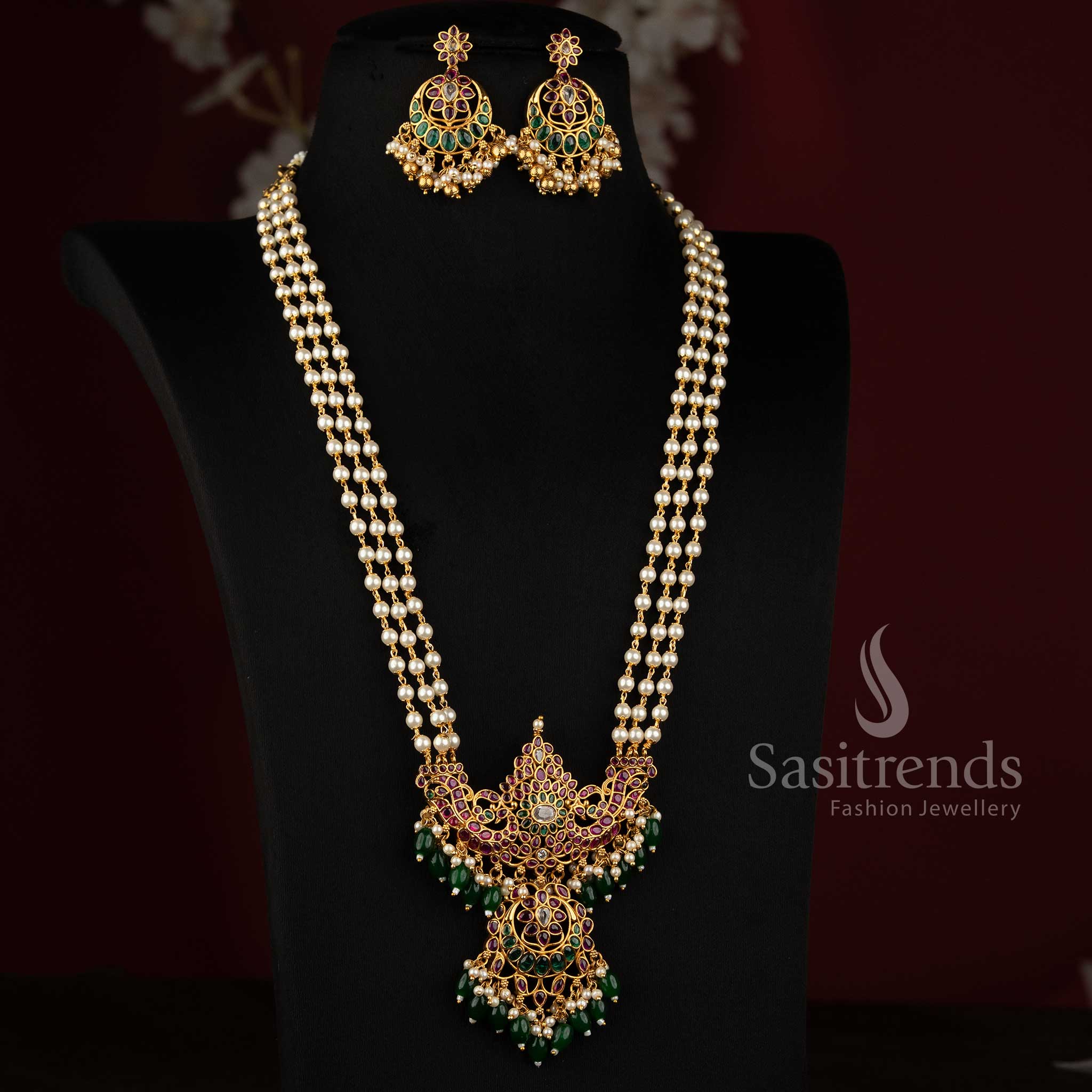 Traditional Pearl Necklace Set Featuring Ruby AD Stone Peacock Motifs and Floral Medallion Detailing - Sasitrends