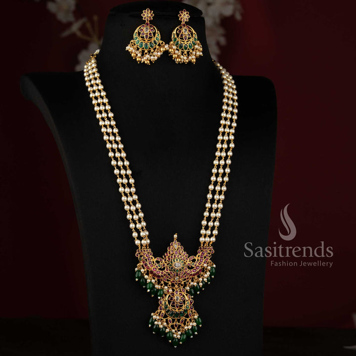 Traditional Pearl Necklace Set Featuring Ruby AD Stone Peacock Motifs and Floral Medallion Detailing - Sasitrends