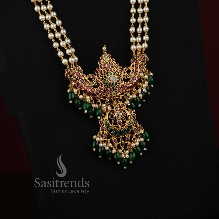 Matte Gold Plated Pearl Mala Necklace Set for Kanjeevaram Silk Sarees, Weddings and Bridal Wear - Sasitrends